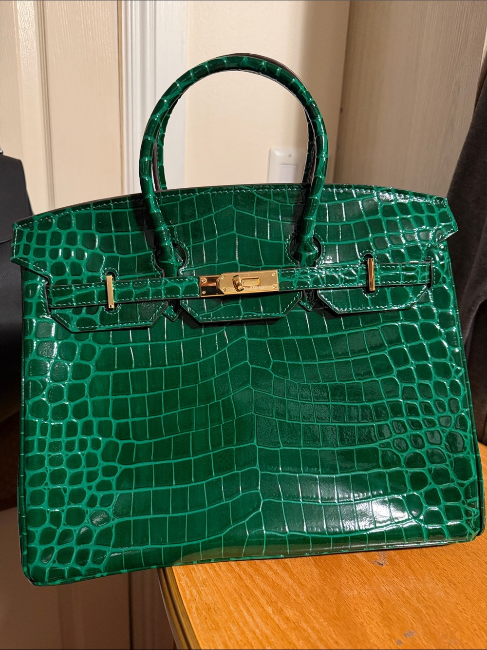 Green Croc-Embossed Top-Handle Tote